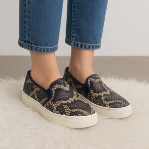 Vince US 7 M Women's Black Tan Leather Snakeskin Low Top Slip On Casual Shoes